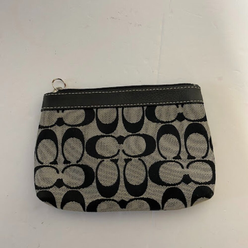 Coach Signature Canvas Wristlet Pouch – Black & Khaki Zip Clutch - Picture 2 of 10